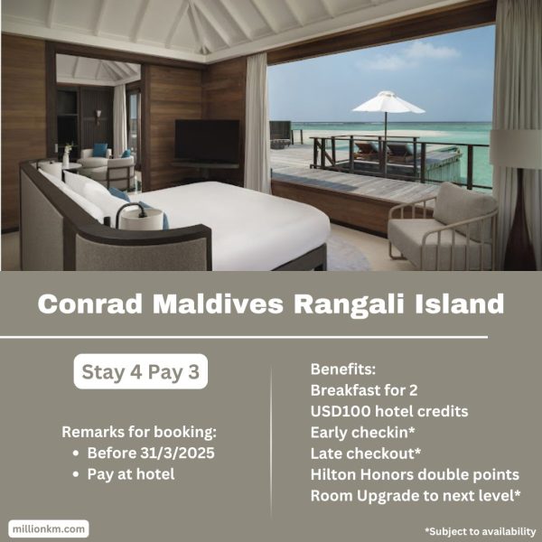 Conrad Maldives Rangali Island Stay 3 Pay 3, USD100 Credits, Free Breakfast and More