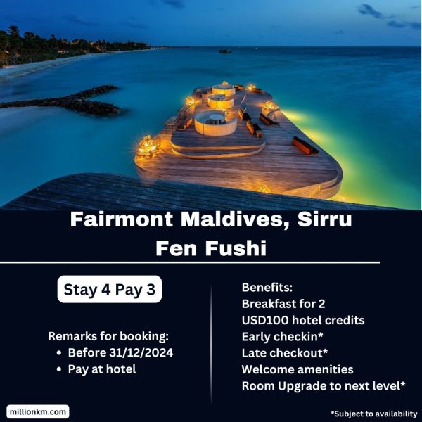 Fairmont Maldives, Sirru Fen Fushi Stay 4 Pay 3, USD100 Credits, Free Breakfast and More