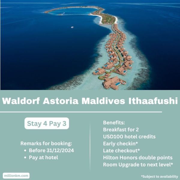 Waldorf Astoria Maldives Ithaafushi Stay 4 Pay 3, USD100 Credits, Free Breakfast and More