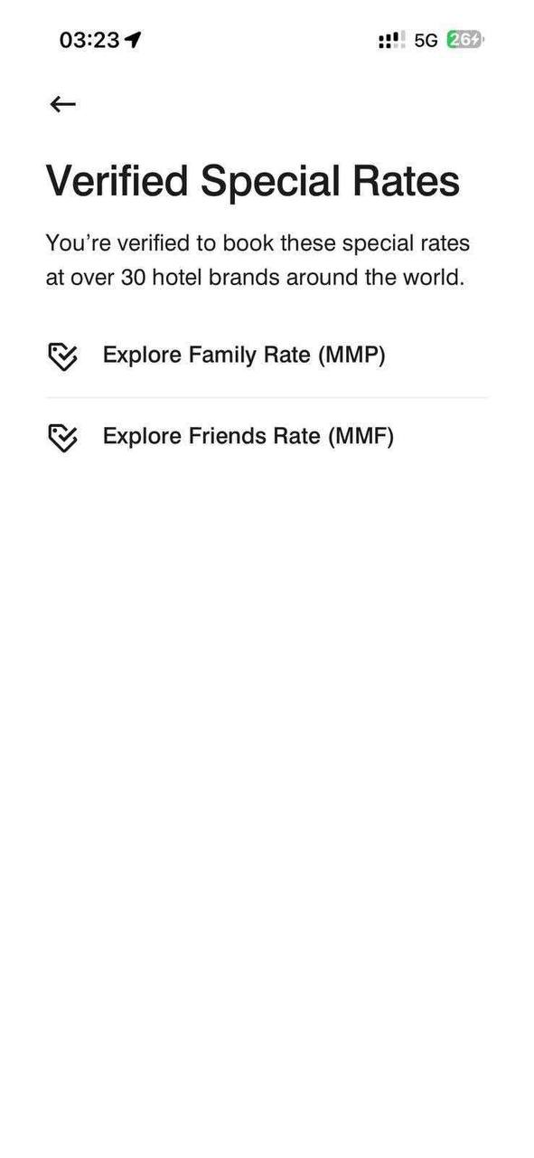 Marriott app screen showing MMP and MMF grouped under Verified Special Rates