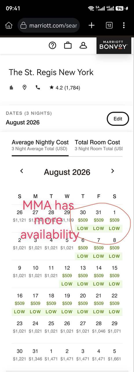 Calendar view showing MMA discounted rate availability for August 2026 at The St. Regis New York