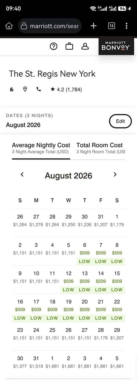 Calendar view showing the standard rate for the same hotel and month, with fewer discounted dates