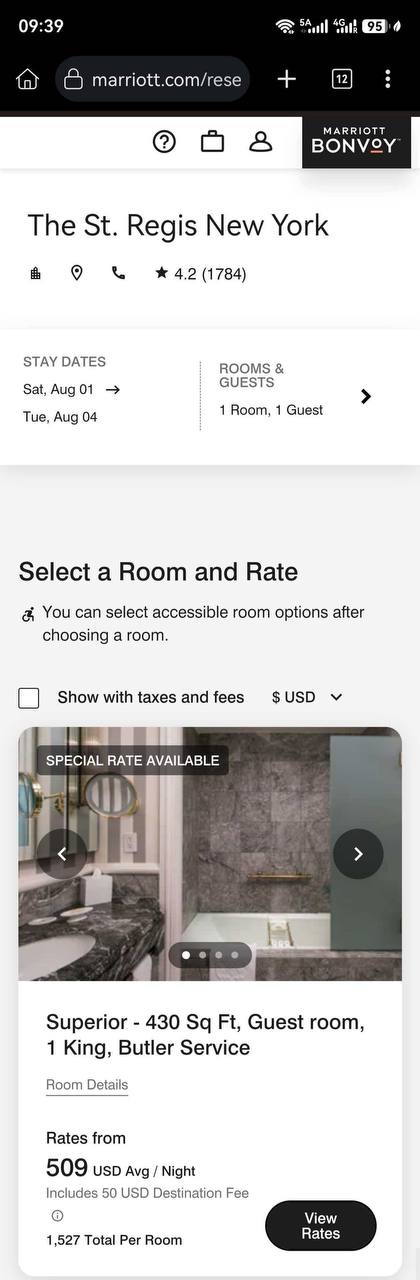 Booking confirmation screen showing a Superior King room at The St. Regis New York for 509 dollars per night