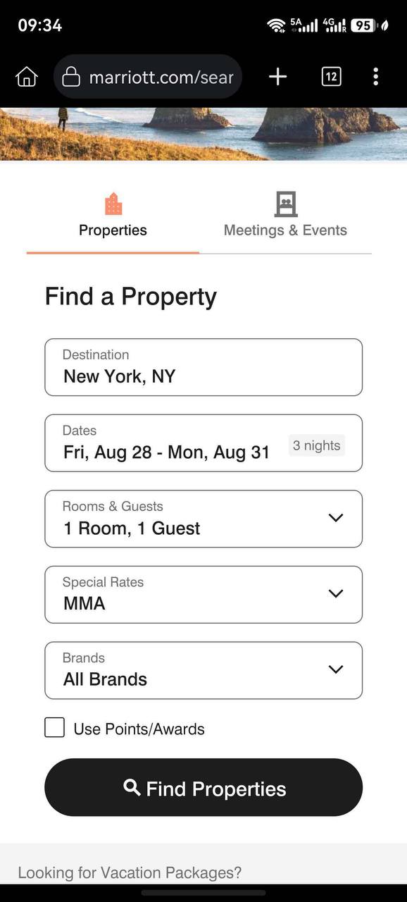 Marriott.com search screen with MMA selected under Special Rates dropdown